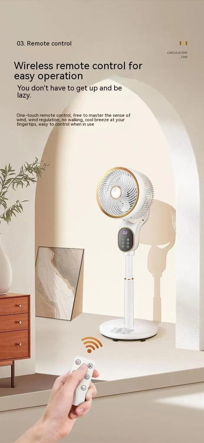 Air circulator fan with remote control, lifting head, and shaking function in household setting