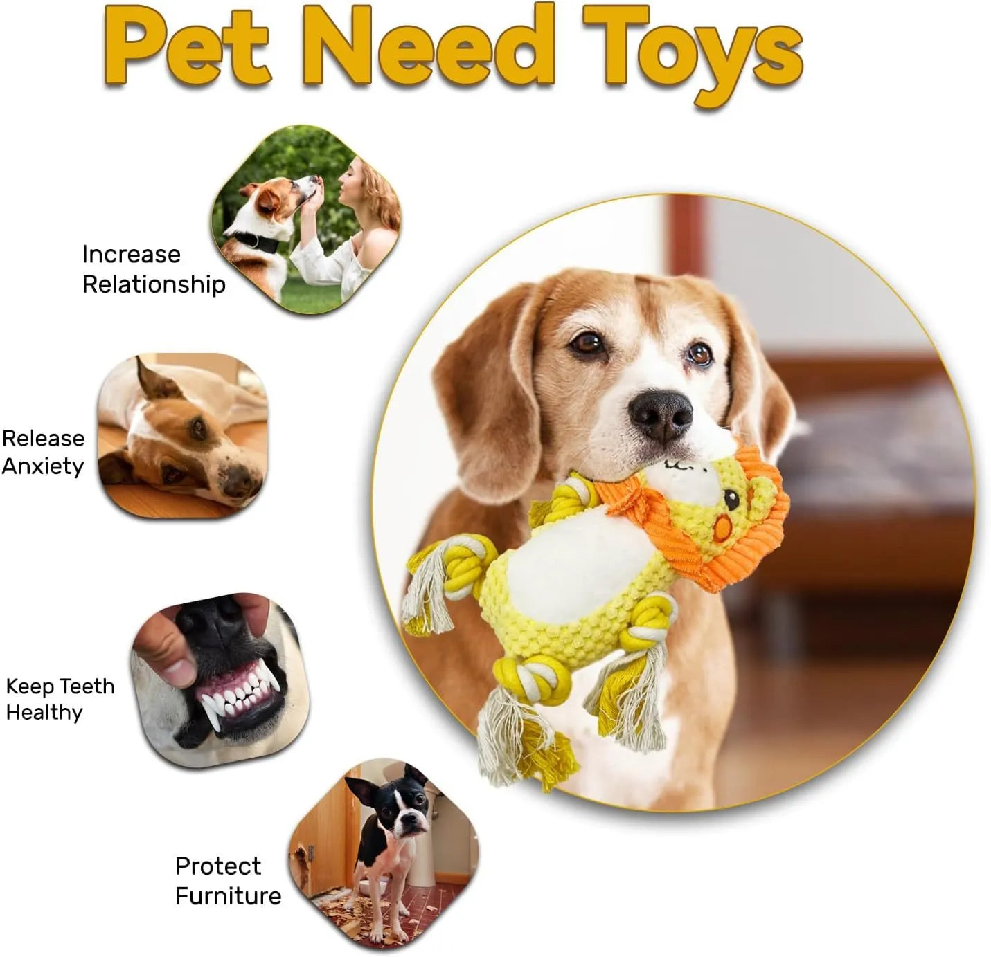 Two plush squeaky dog toys, a lion and a monkey, for medium and large dogs.