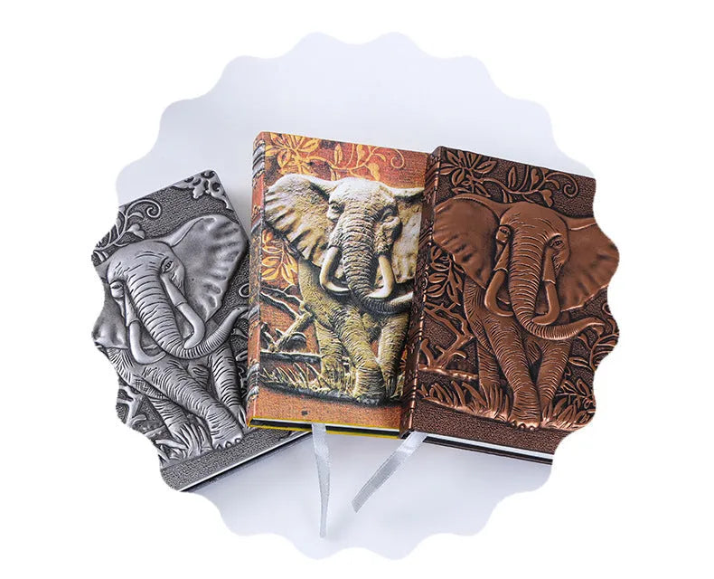 PU leather A5 notebook with three-dimensional embossed cover and bronze highlights, open to beige pages