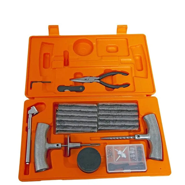 Speedy Seal emergency tyre repair tool set in a case with gauge, pliers, and insertion tools.
