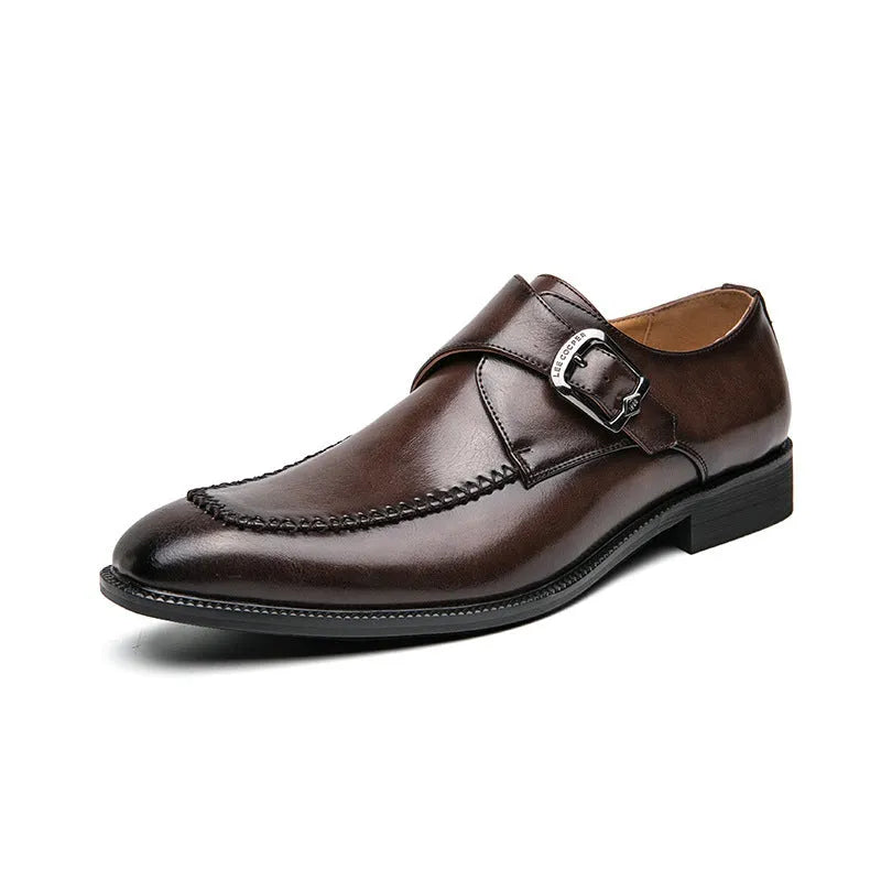 Men's square toe low-top buckle dress shoes in brown microfiber suede leather with stitching detail and rubber sole