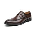 Men's square toe low-top buckle dress shoes in brown microfiber suede leather with stitching detail and rubber sole