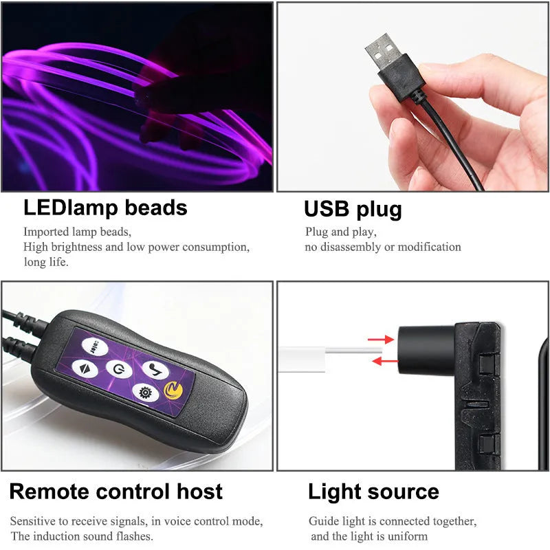 Car dashboard LED ambient lighting kit with USB connection and flexible PVC strips
