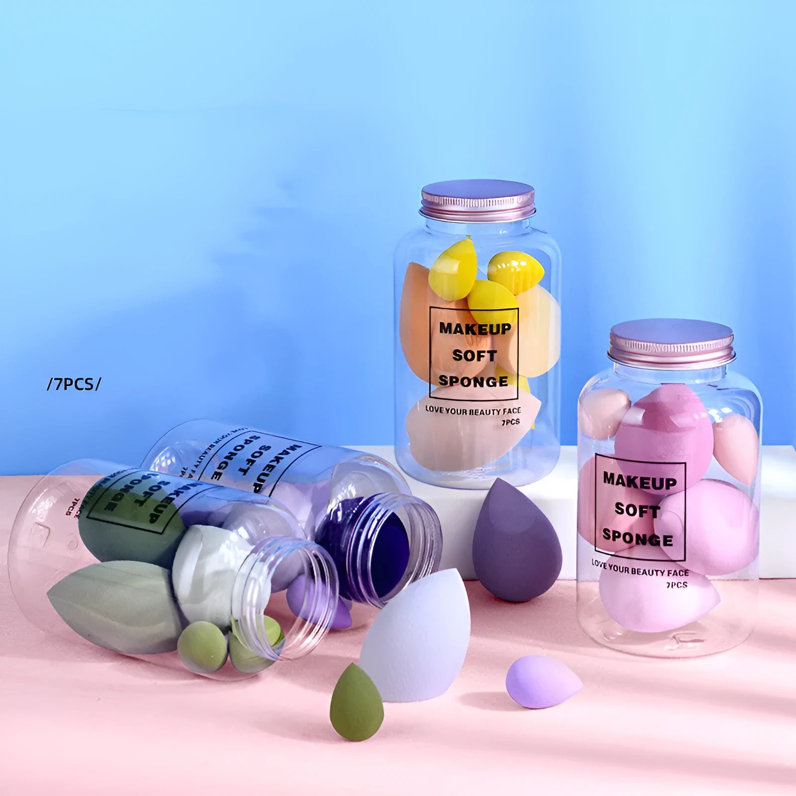 Drift Bottle boxed beauty egg 7 cans powder-free water-soft makeup sponges in taro purple, strawberry pink, mango yellow, and avocado green