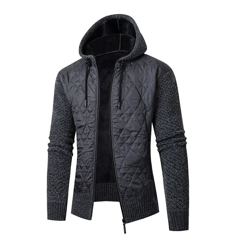 Men's grey hooded corduroy cardigan with cinched style, shown as a winter sweater coat.