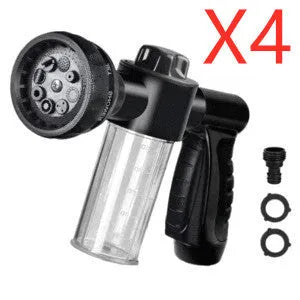 Green high-pressure foam spray gun with adjustable nozzle and attached water hose for car and garden cleaning.