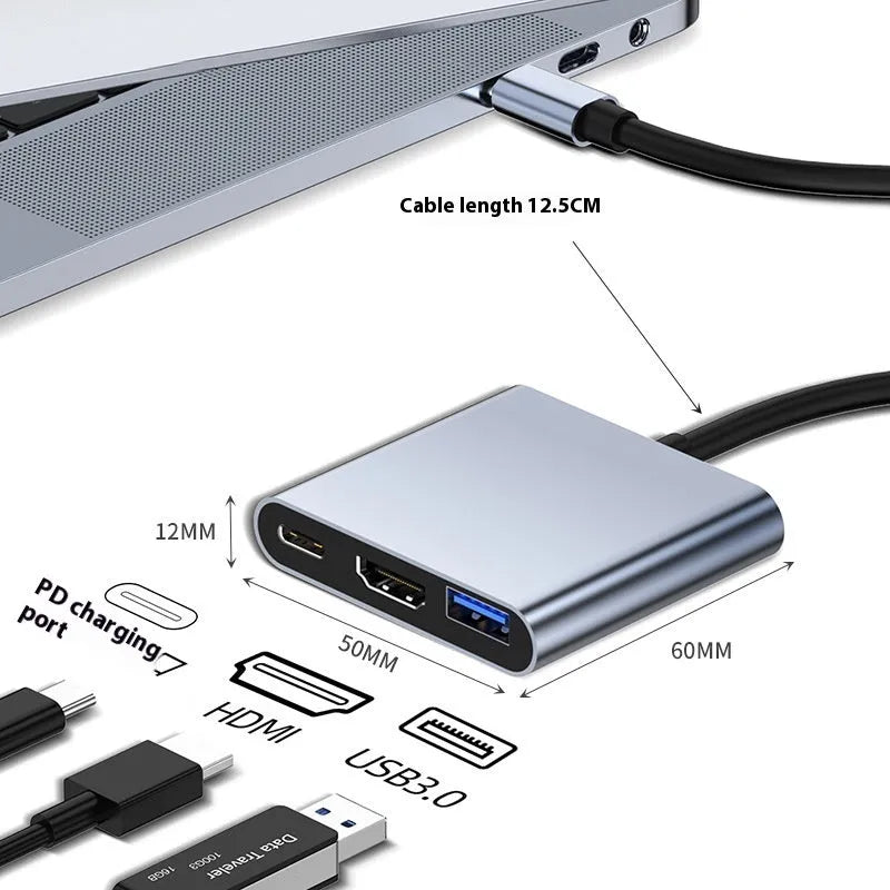 USB-C 7-in-1 expansion dock with HDMI port, multiple USB ports, and a 15cm black cable.