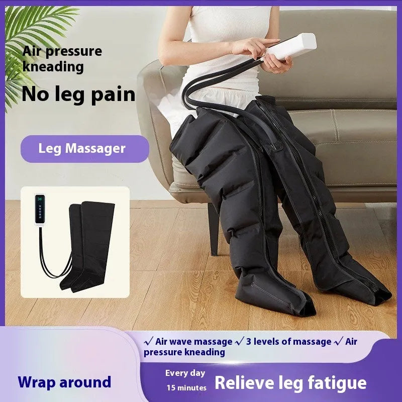 Black leg massage boots with air wave technology, fully wrapped design covering calf and foot