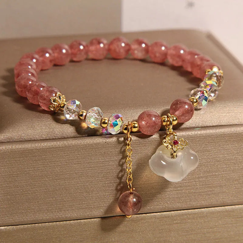 Women's natural strawberry quartz and white agate crystal bracelet with auspicious clouds detailing