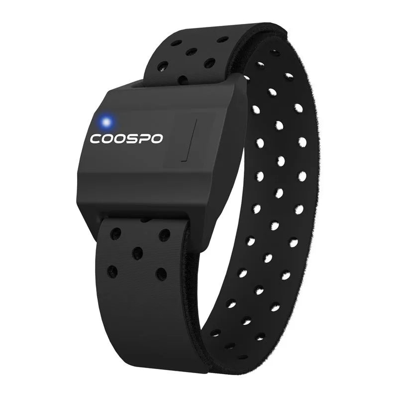 Black waterproof armband heart rate monitor, free size, made from ABS and TPU for cycling and workouts.