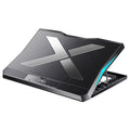 Black foldable laptop cooling base with metal mesh surface and six fans on a desk