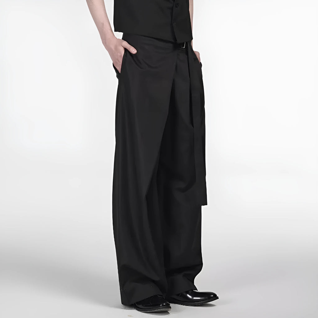 Black straight-leg trousers with adjustable waist and single pleat front in Tencel cotton blend fabric