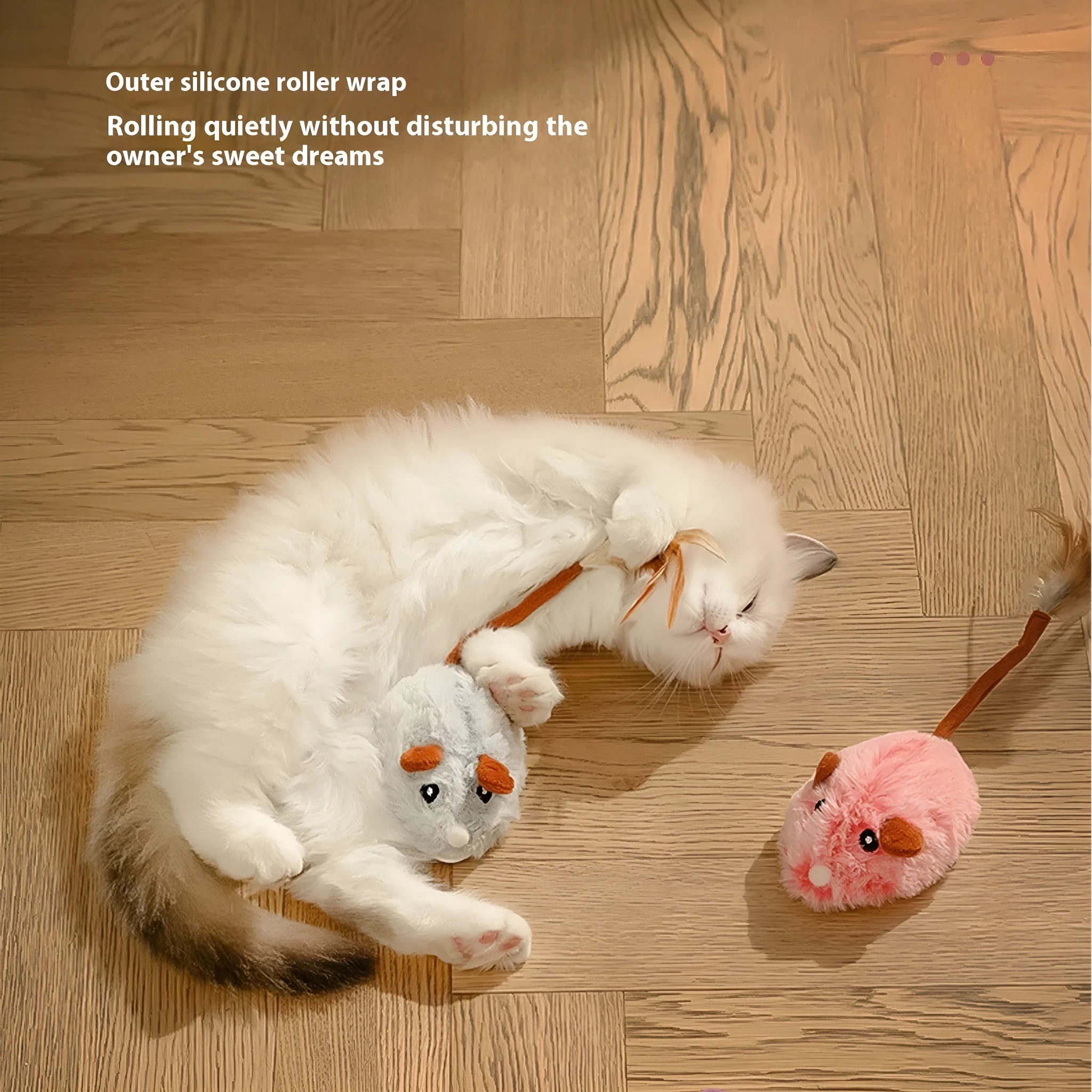 Electric cat pole toy with a moving plush mouse in pink, dark grey, or purple colours.