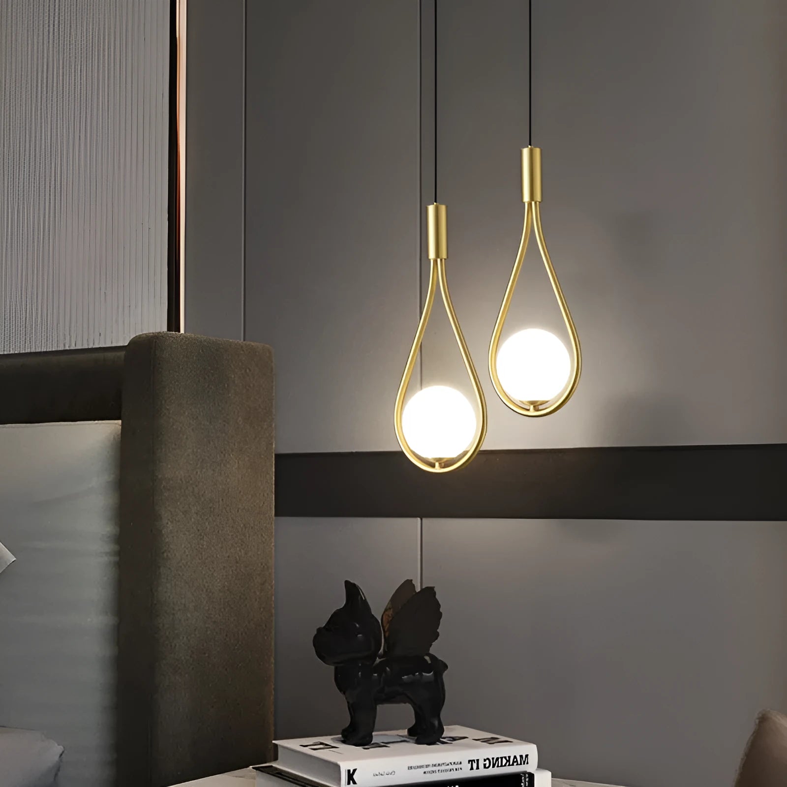 Modern minimalist copper bedside chandelier lamp with choice of light cover colours for bedroom.