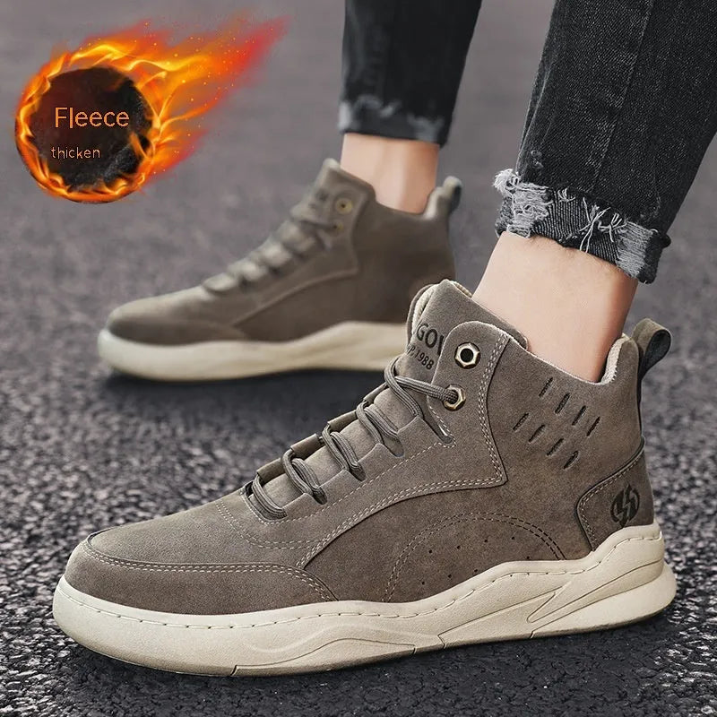 High-top board shoe in khaki with round toe and low heel