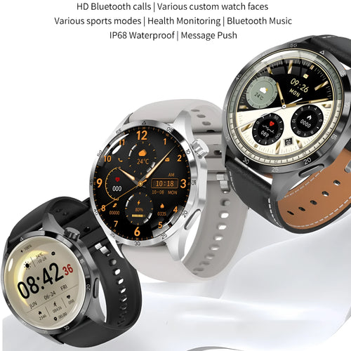 Black Bluetooth smartwatch with touch screen showing fitness stats, with silicone and Milan metal strap options.