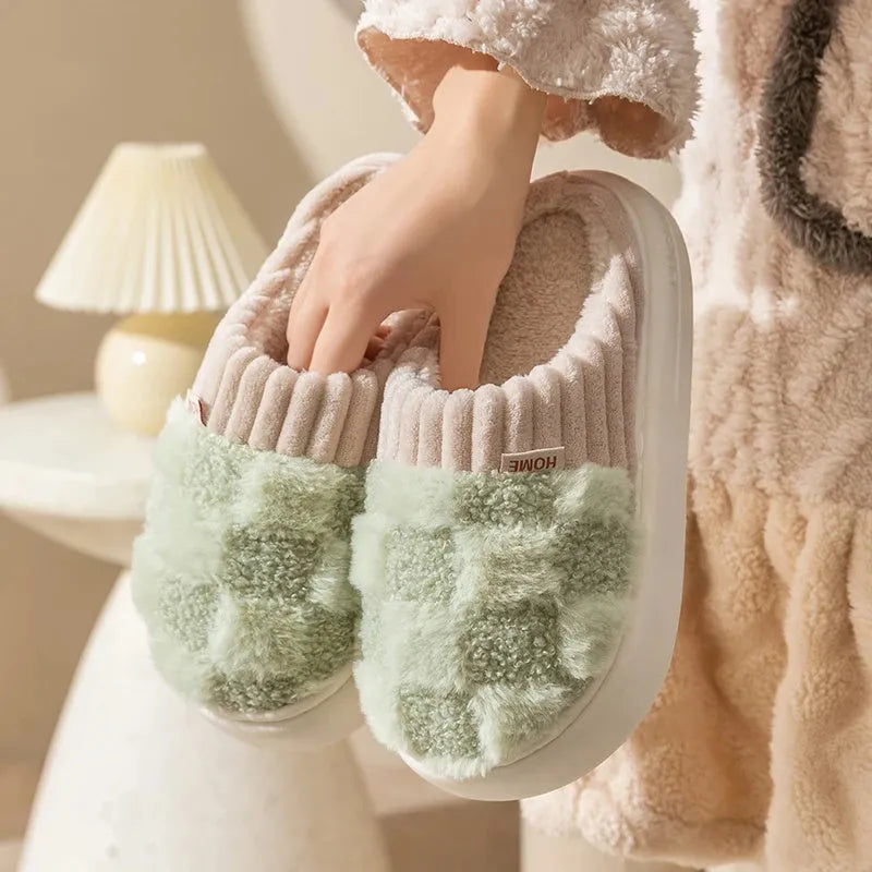 Women's plaid plush slippers with non-slip PVC sole, round toe, flat heel, in Coffee colour