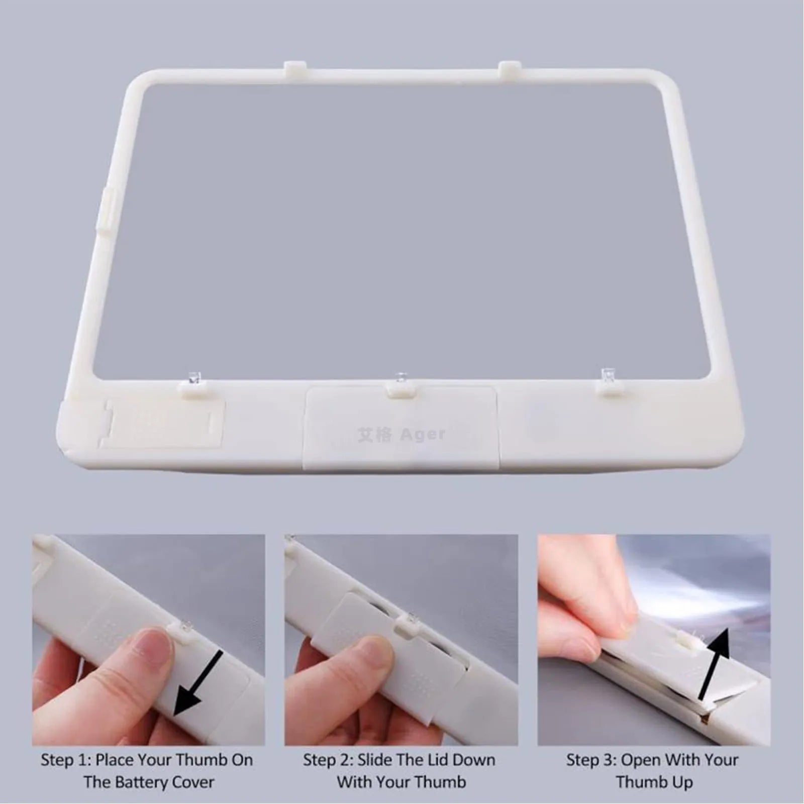 Black illuminated magnifying glass with 3x magnification and LED reading light on white background
