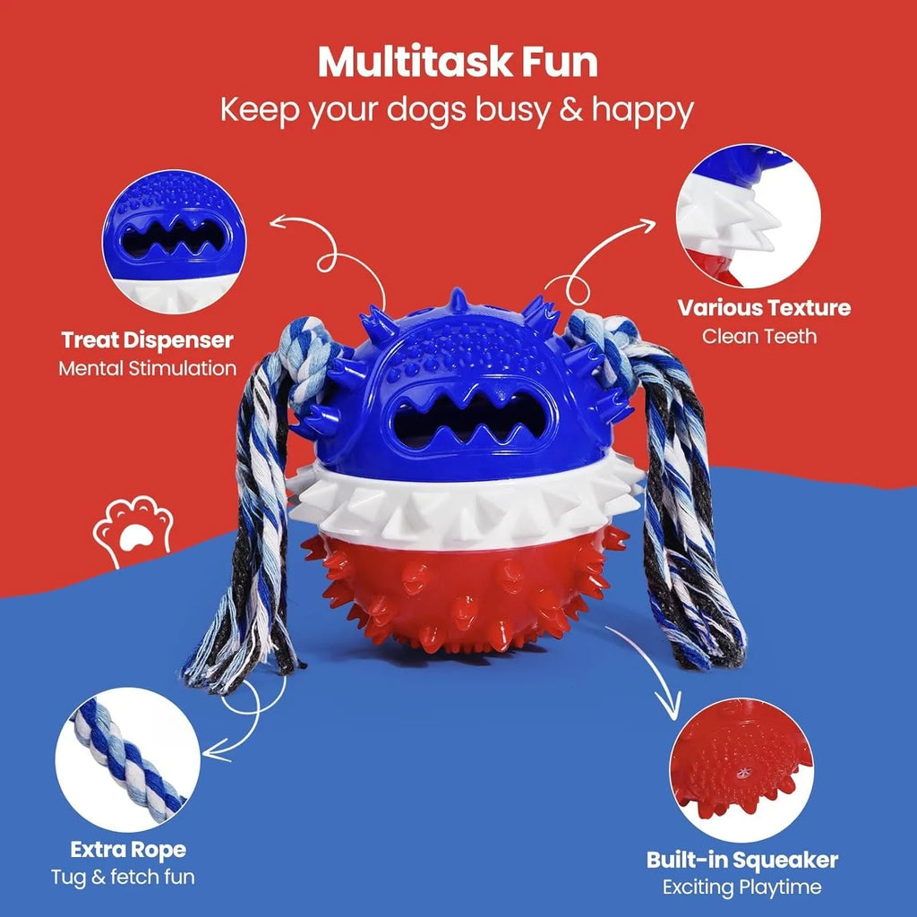 Blue and red squeaky dog chew toy with treat dispenser for aggressive chewing dogs