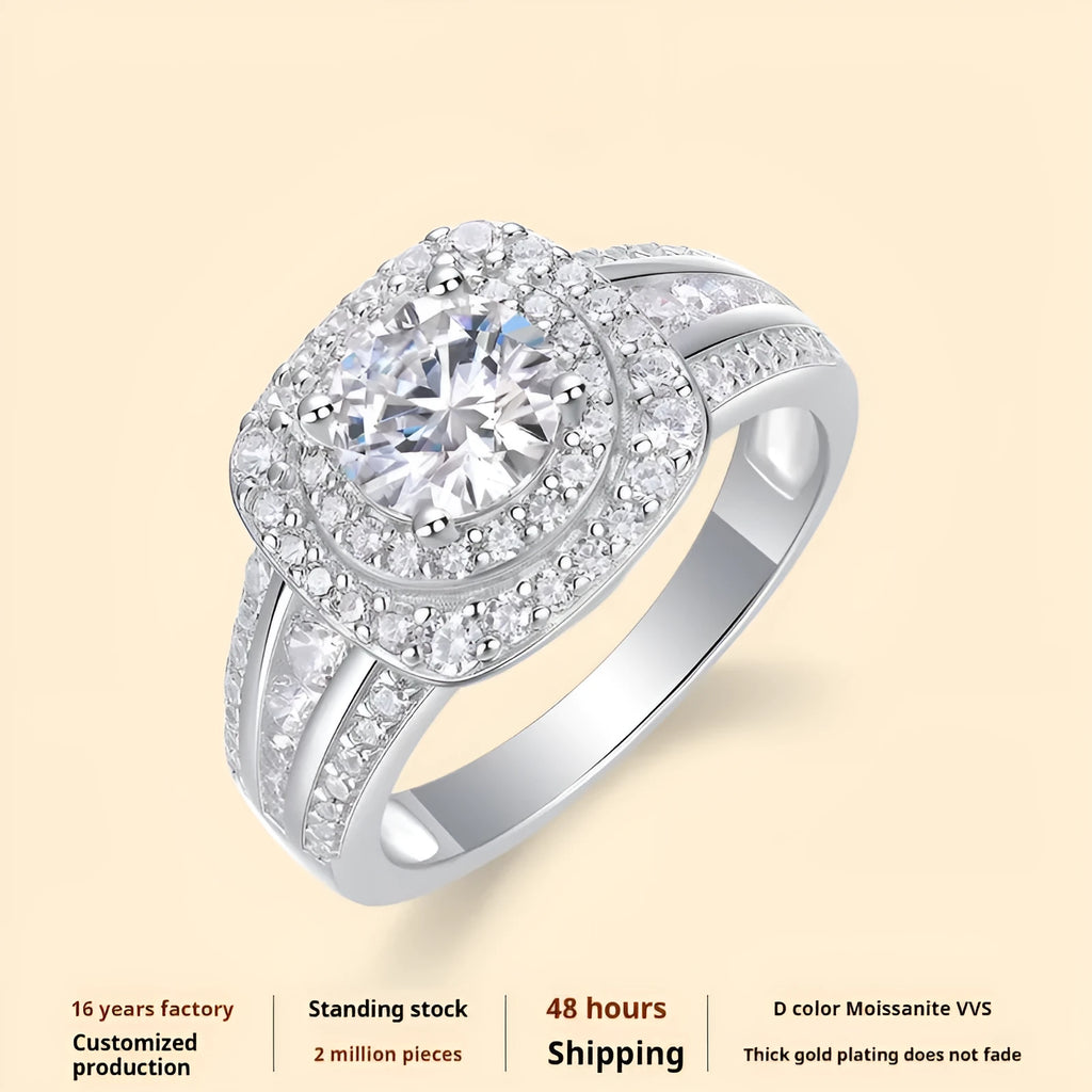 Silver moissanite ring with round inlaid stone and geometric design, shown in US sizes 5 to 9 with optional GRA certificate