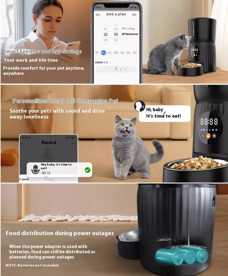 Black automatic pet feeder with digital timer display and food hopper.