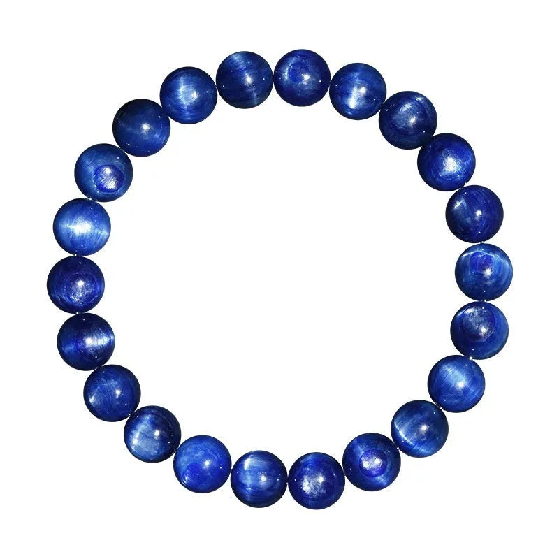 Natural blue grade 7A crystal bracelet with geometric bead and Ruyi charm on wrist.