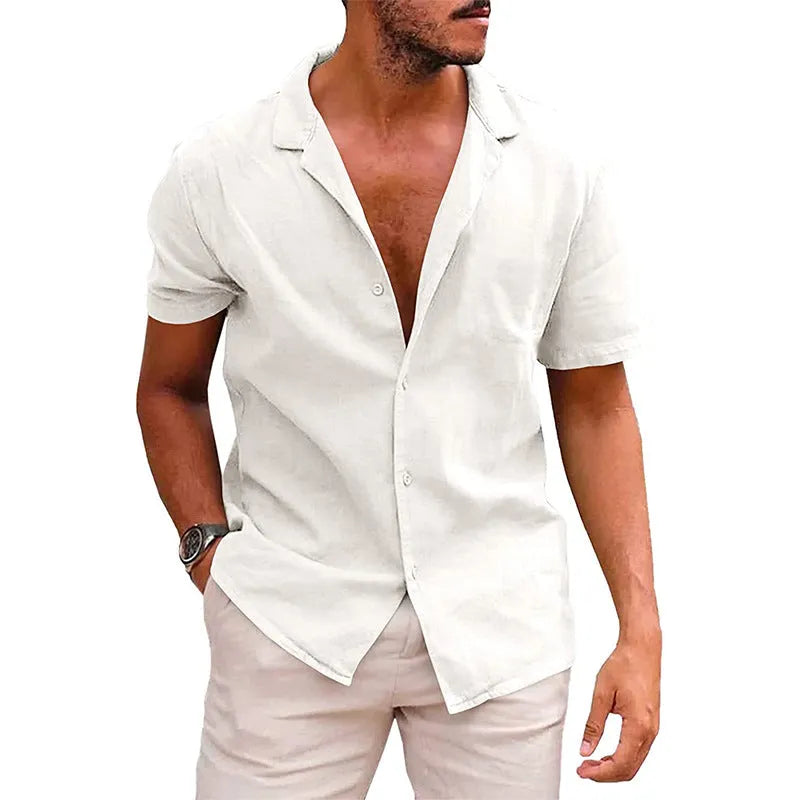 Men's short sleeve button down shirt in linen cotton blend, loose fit lapel collar, solid colour casual summer top
