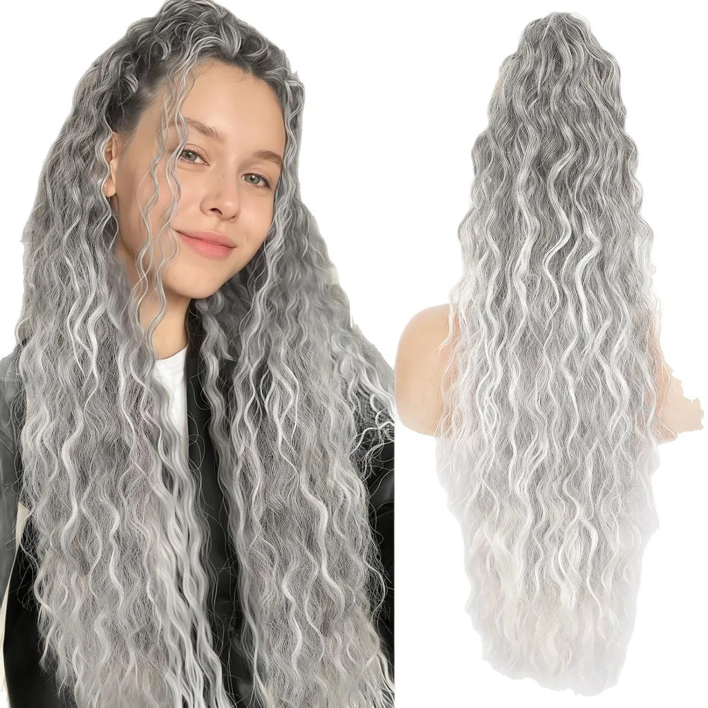 Long curly synthetic ponytail wig in a fluffy horse tail style, 30 inches in length.