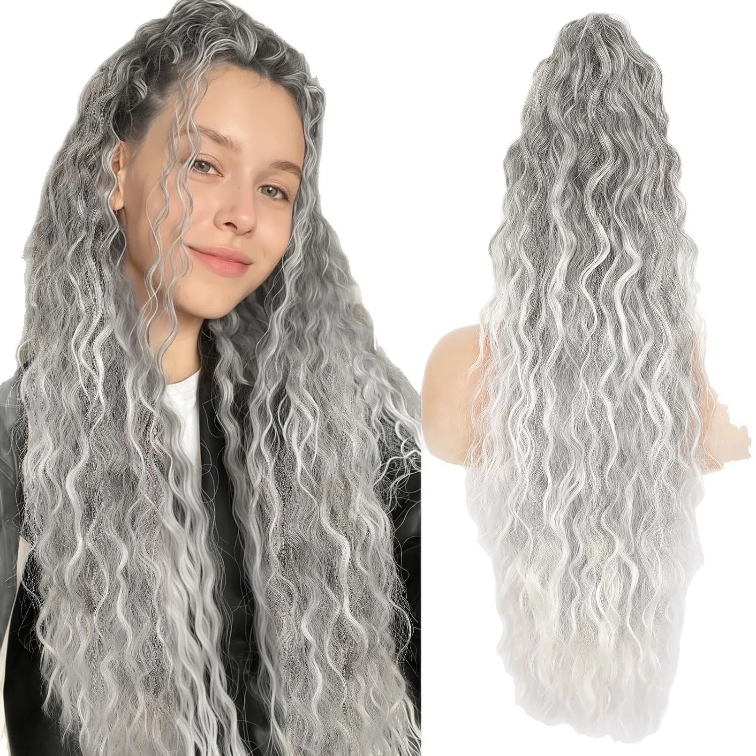 Long curly synthetic ponytail wig in a fluffy horse tail style, 30 inches in length.
