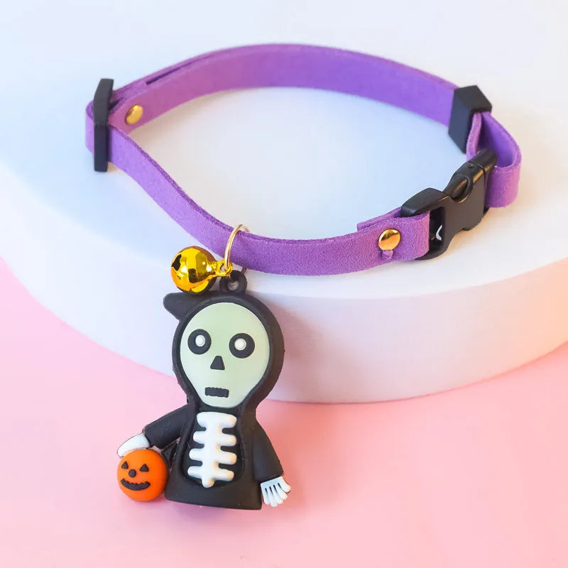 Halloween dog collar with cartoon pattern showing size options XS, S, M, L
