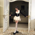 Women's two-piece princess style lace suspender dress suit with knitted blouse and skirt in beige