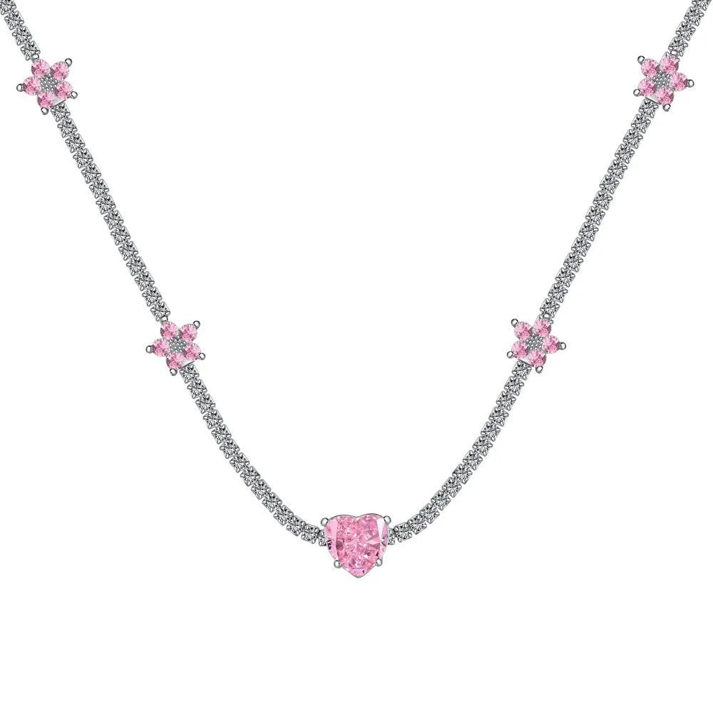 Women's 925 sterling silver tennis necklace with heart-shaped pendant and electroplated finish