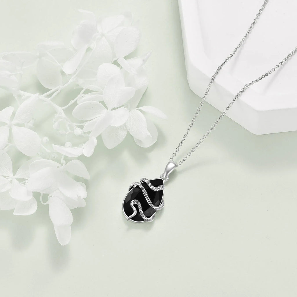 Sterling silver snake necklace with black obsidian and tourmaline teardrop crystal on an 18-inch cable chain