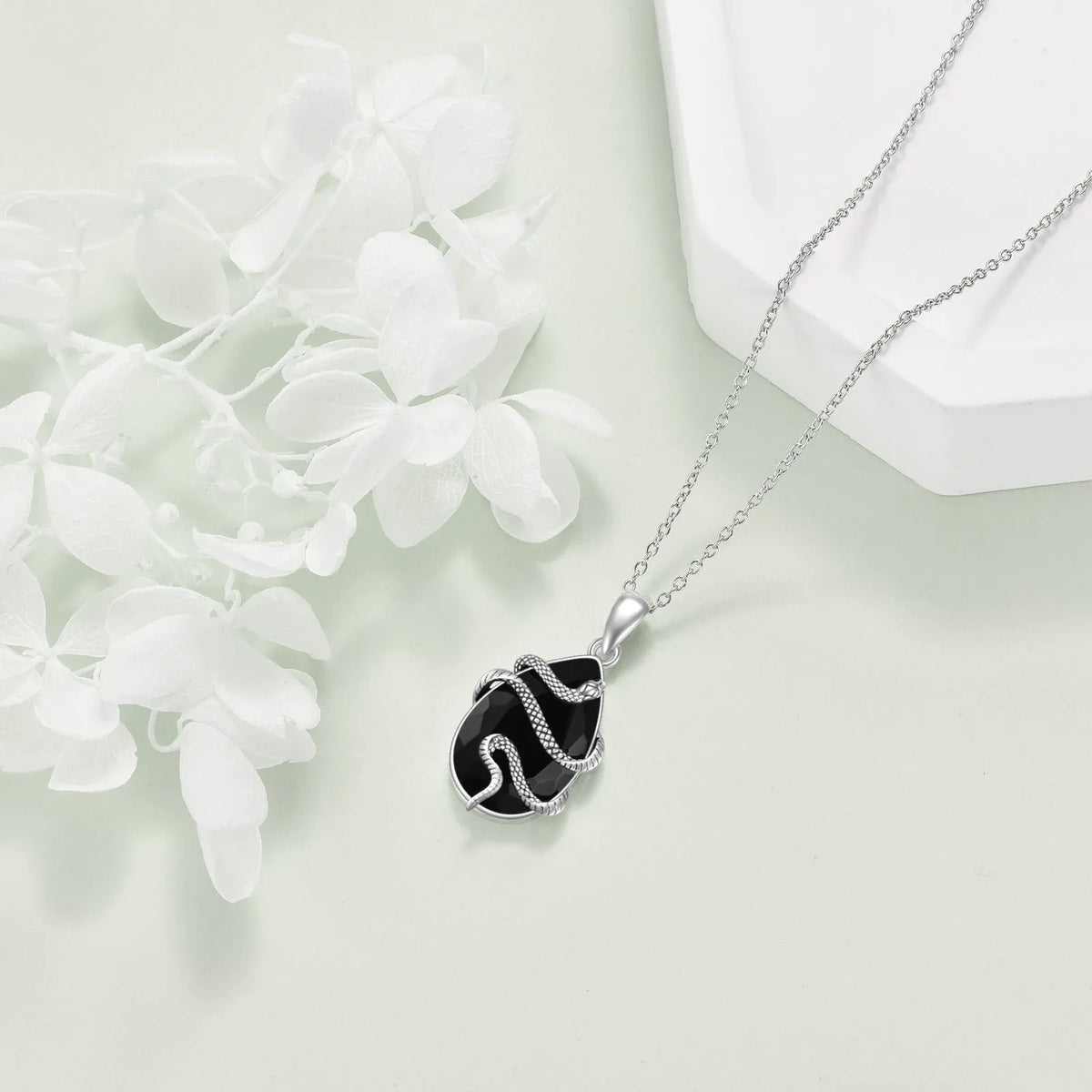 Sterling silver snake necklace with black obsidian and tourmaline teardrop crystal on an 18-inch cable chain