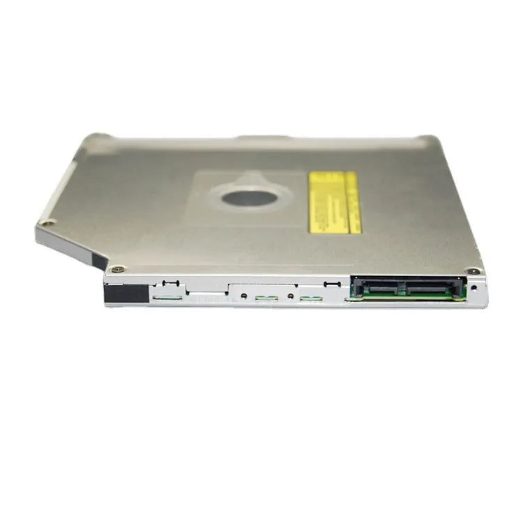Silver SATA internal optical drive for Apple MacBook Pro laptop, showing dimensions.