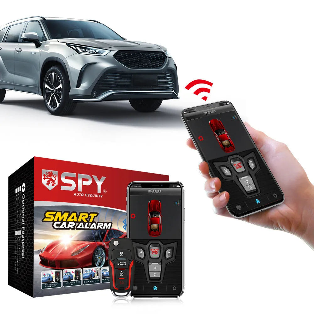 Red and black one-way car alarm remote control unit with two key fobs.