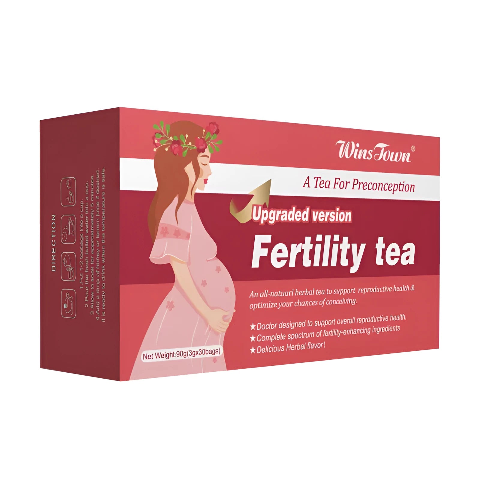 Box of fertility tea containing 90 individual tea bags organised into three units of 30 bags each