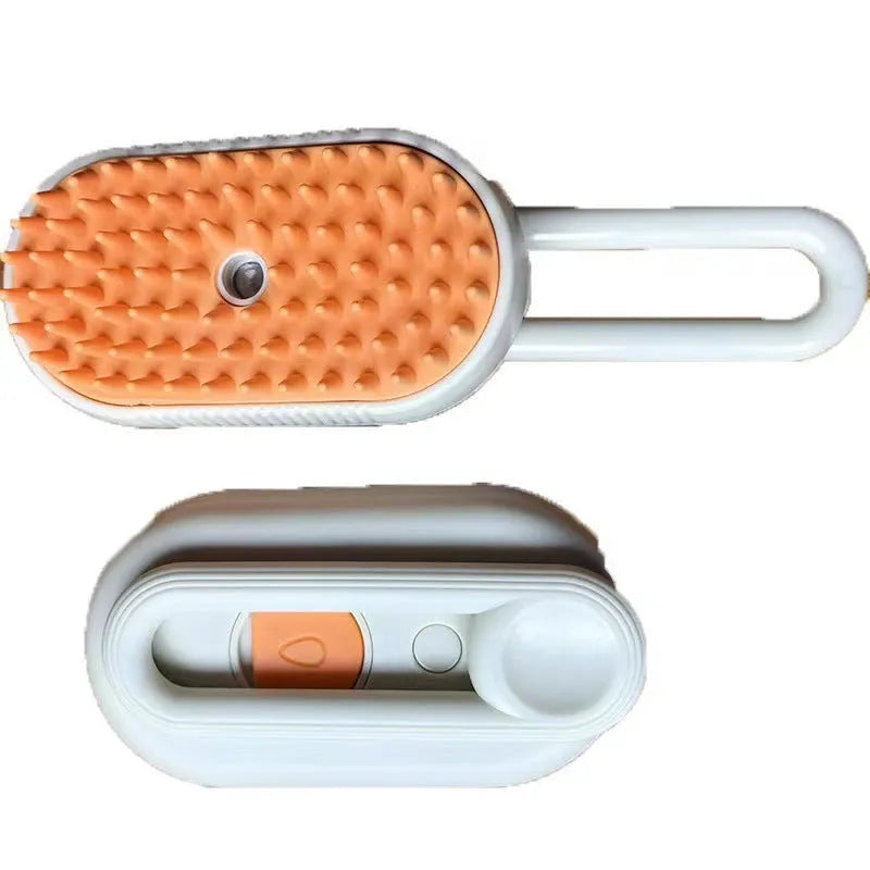 Avocado green pet grooming brush with comb teeth and spray massage attachment on handle.