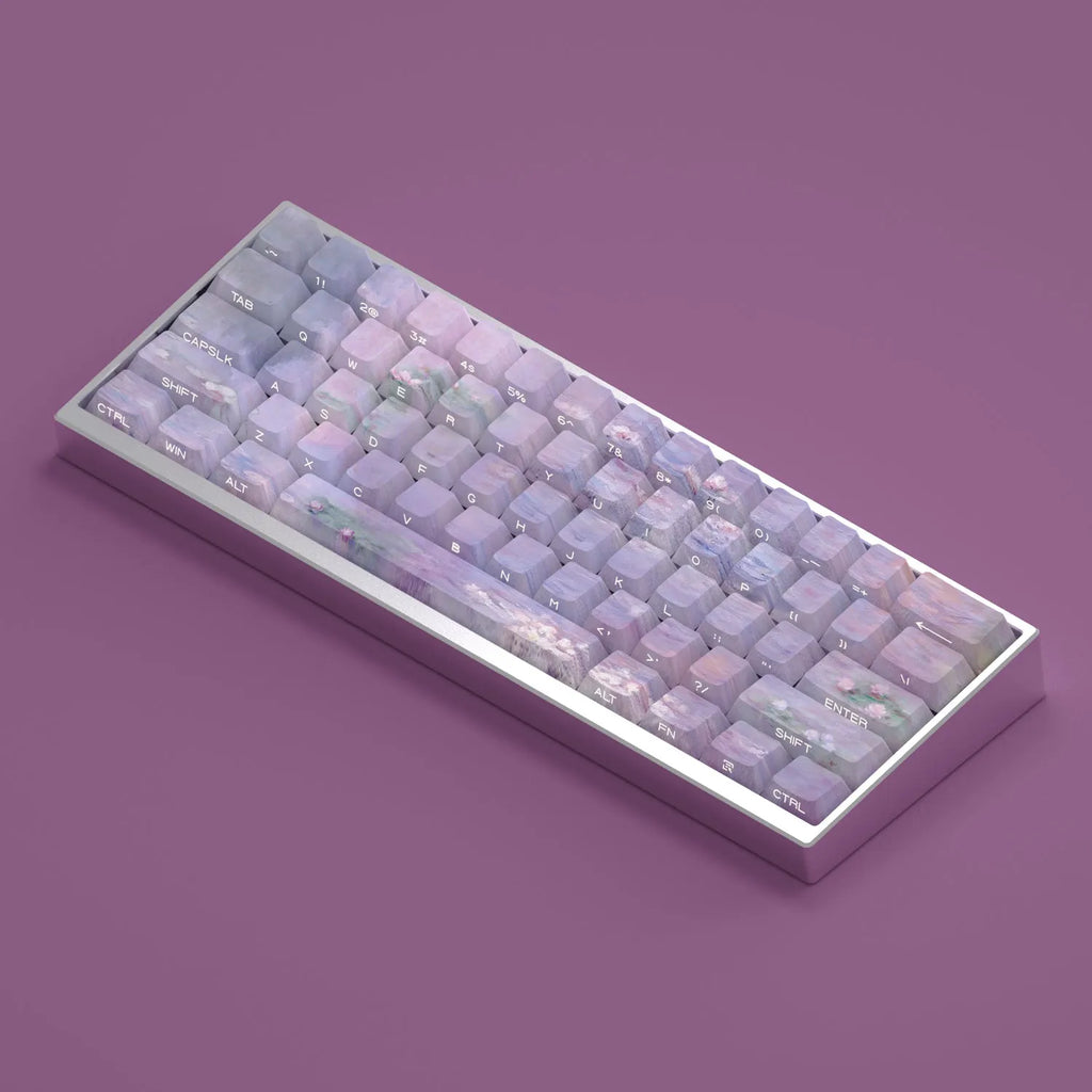 Wenshao Sleeping Lotus PBT keycap set with side-carved legends, showing 130 keys for mechanical keyboards.