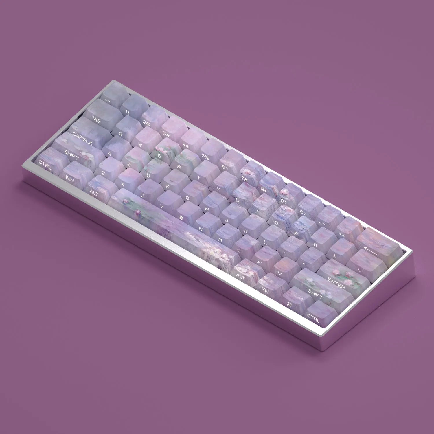 Wenshao Sleeping Lotus PBT keycap set with side-carved legends, showing 130 keys for mechanical keyboards.