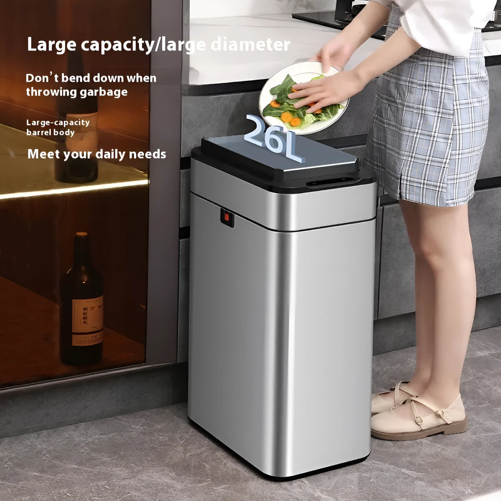 Square inductive automatic smart trash can in stainless steel or white, showing sensor lid.