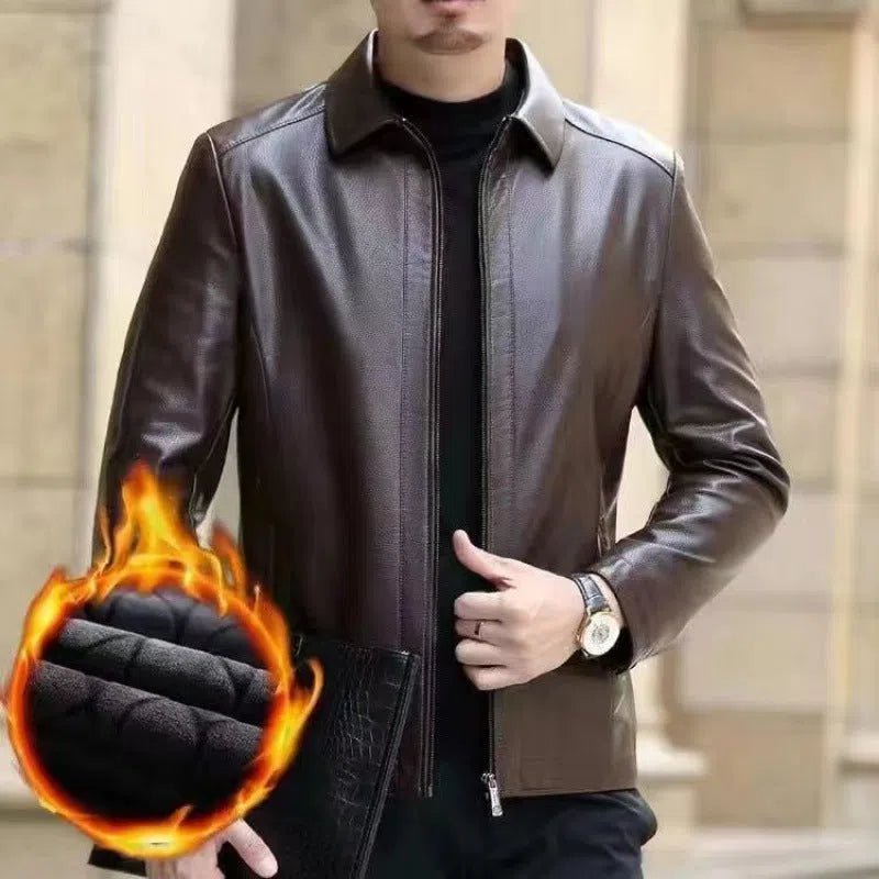 Men's horse leather jacket, loose 100cm lengthened cut, stand or turn-down collar, black or brown, fleece-lined option