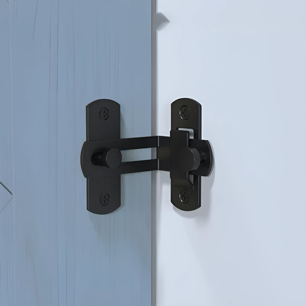 Black carbon steel warehouse hook lock with stainless steel components for sliding doors at 90-degree angle