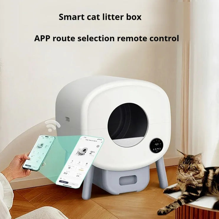 Automatic self-cleaning white cat litter box with large interior and sealed waste drawer compartment.