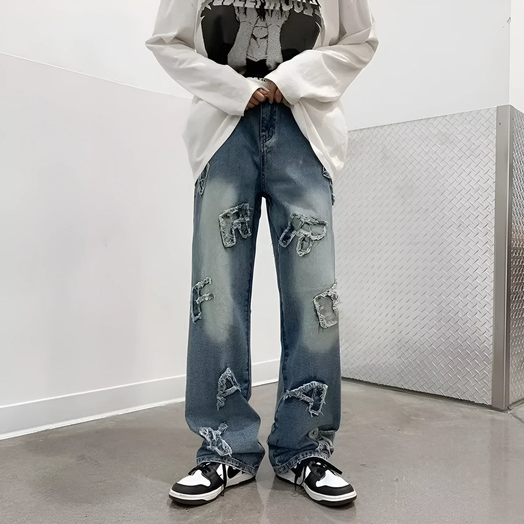 Men's loose retro casual wide-leg straight pants in blue cotton fabric with mid-rise waist