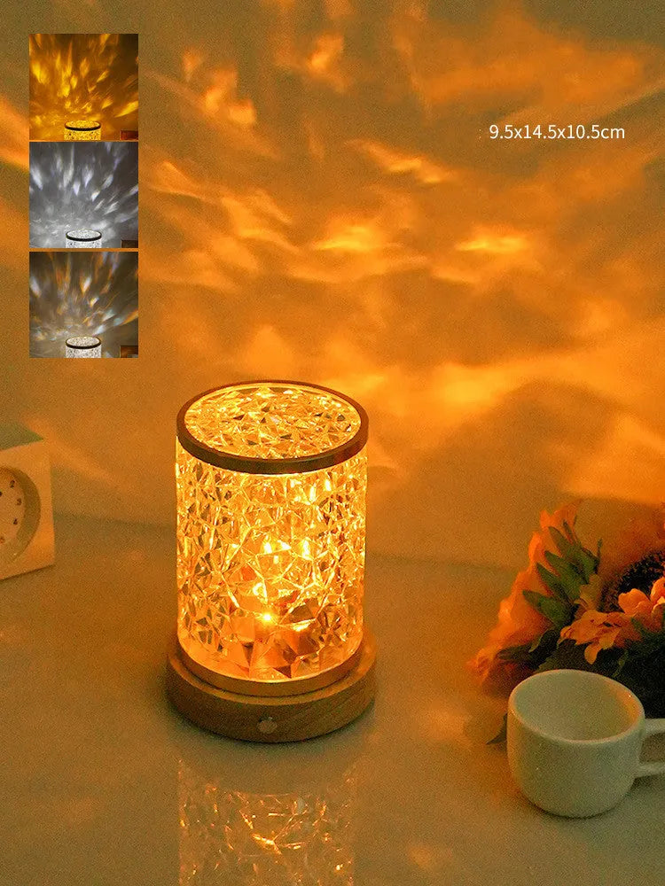 Rotating water ripple night light on solid wood base with USB charging cable