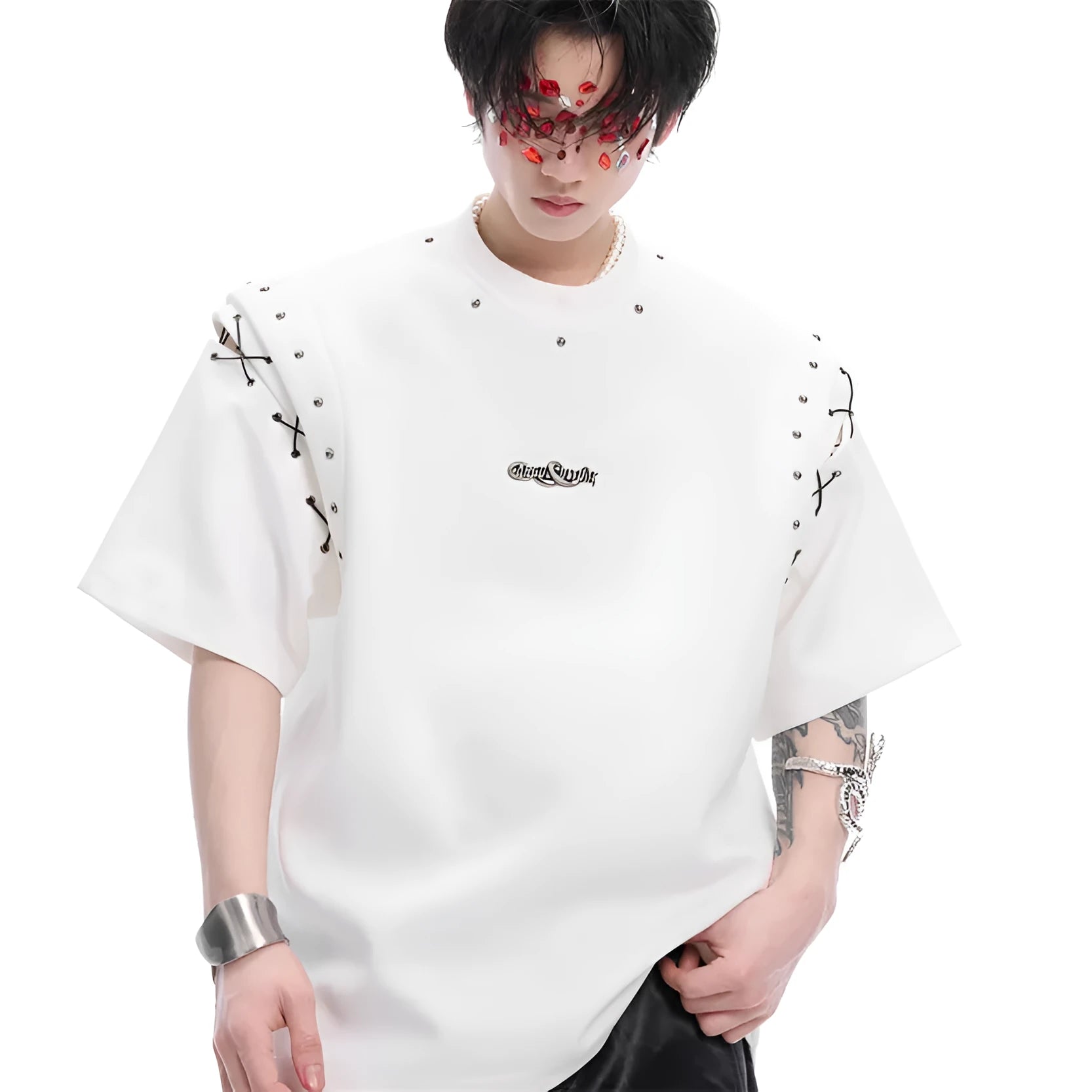 Women's black lace-up cutout short sleeve t-shirt with deconstruction styling detail