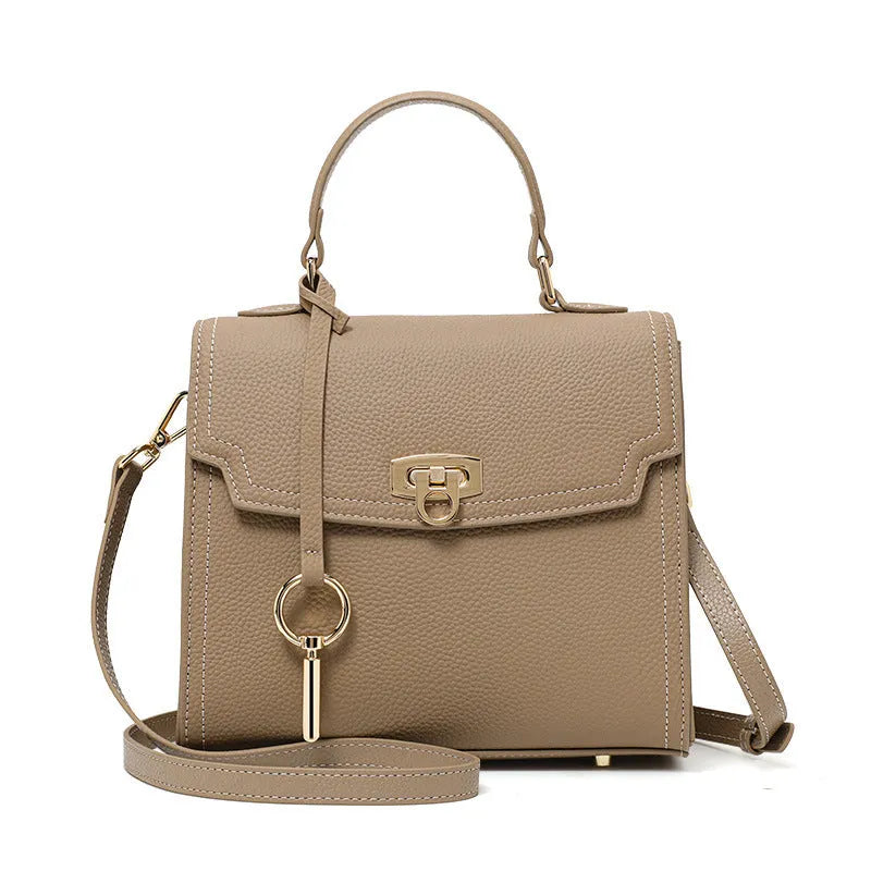 Elephant grey genuine leather crossbody handbag with litchi pattern texture and vintage lock hardware