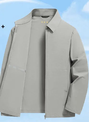 Men's navy blue lapel-collar business shirt for summer, made from nylon and spandex ice silk fabric.