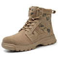 Khaki suede high-top combat boots with a steel toe cap and lace-up front.